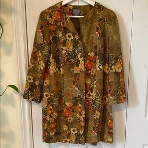 Sigrid Olsen 100% silk coat earthy botanical print fully lined button front Sz 8